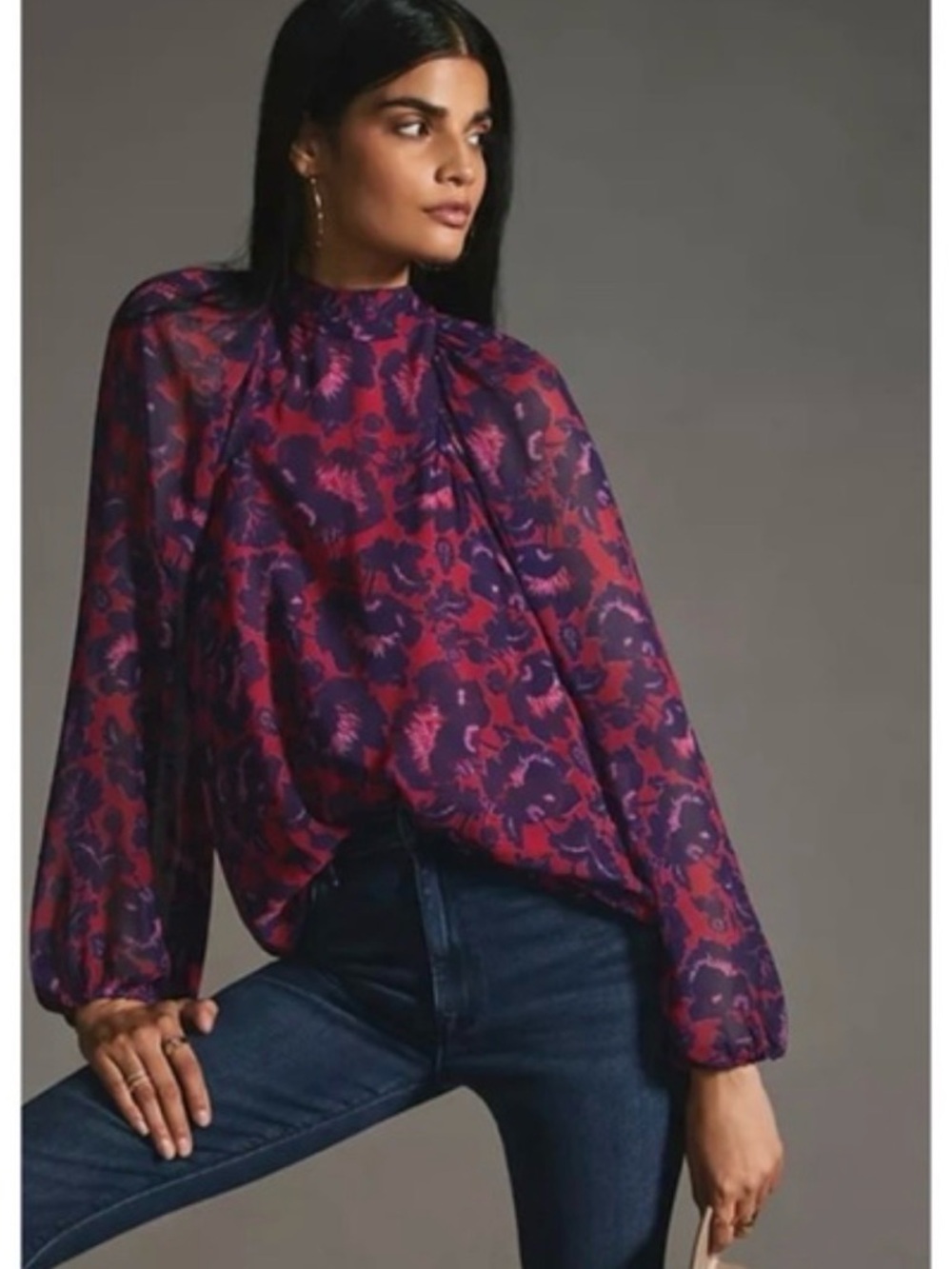 Maeve Anthropologie Blouse M Pink Purple Abstract Boho Sheer Sleeve Top
